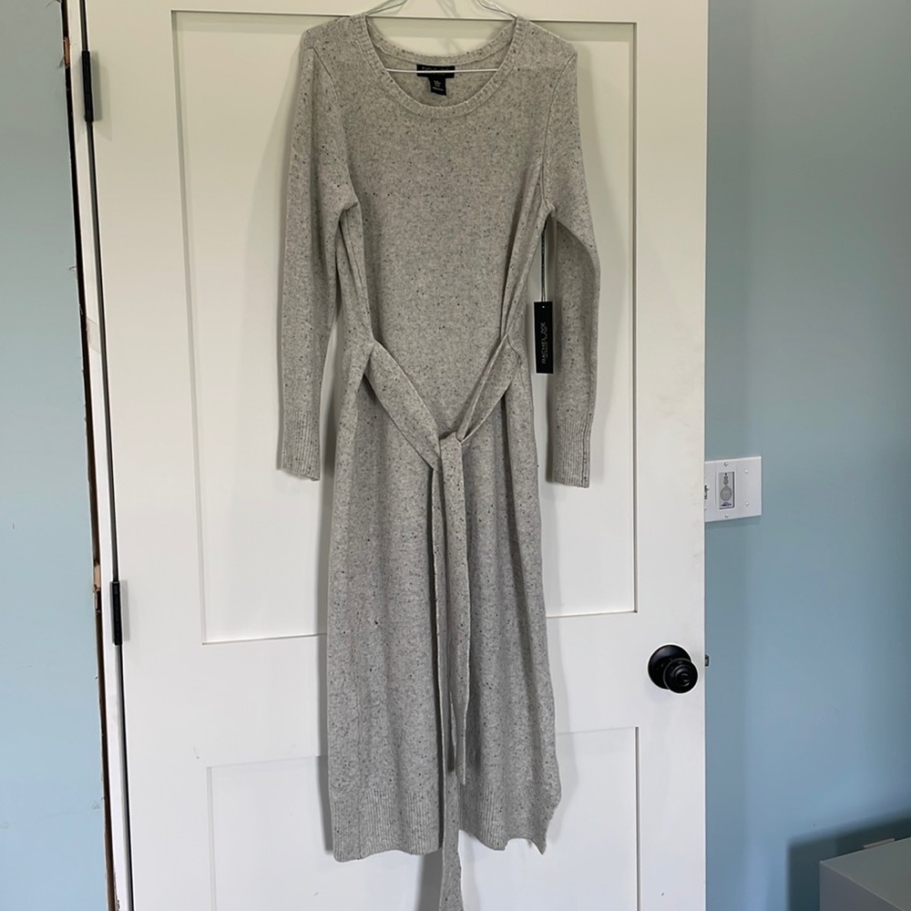 Midi length light gray sweater dress